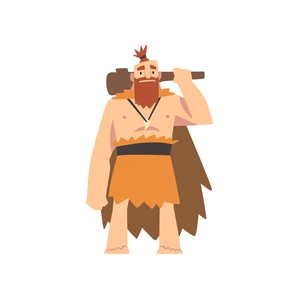 Prehistoric Muscular Bearded Man Wearing Animal Pelt, Primitive Stone Age Caveman Cartoon Character with Club Vector Illustration — Stock Vector