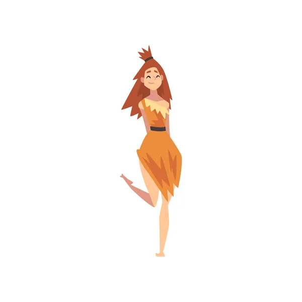 Chica Prehistórica, Edad de Piedra Primitiva Cavewoman Personaje de dibujos animados Vector Ilustración — Vector de stock