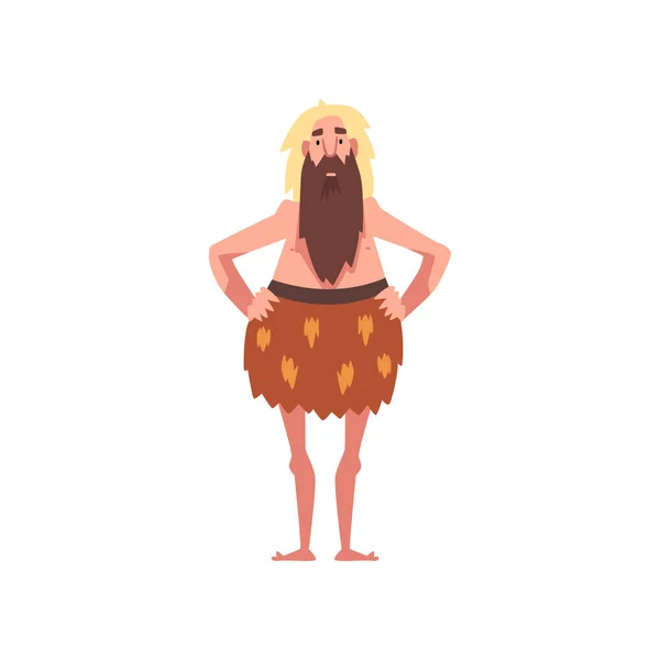 Hombre barbudo prehistórico divertido, cavernícola primitivo de la edad de piedra en la ilustración de vectores de personajes de dibujos animados de peletería animal — Vector de stock