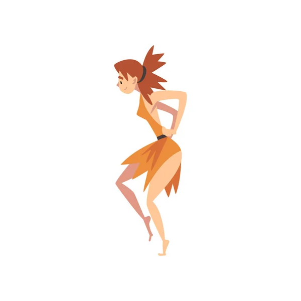 Prehistoric Girl, Primitive Stone Age Cartoon Character Dancing Vector Illustration — стоковый вектор