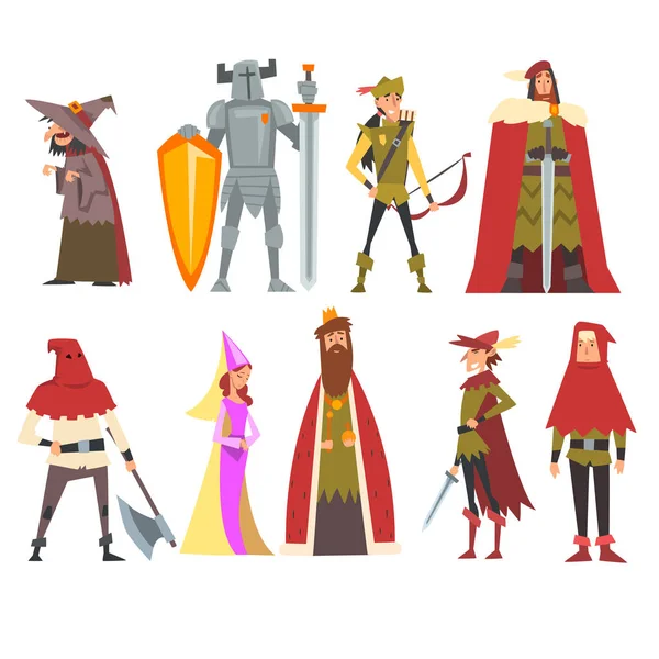 Set de Personajes Medievales Europeos, Bruja Vieja, Caballero, Arquero, Rey, Princesa, Verdugo, Personas con Disfraces Históricos Vector Illustration — Archivo Imágenes Vectoriales