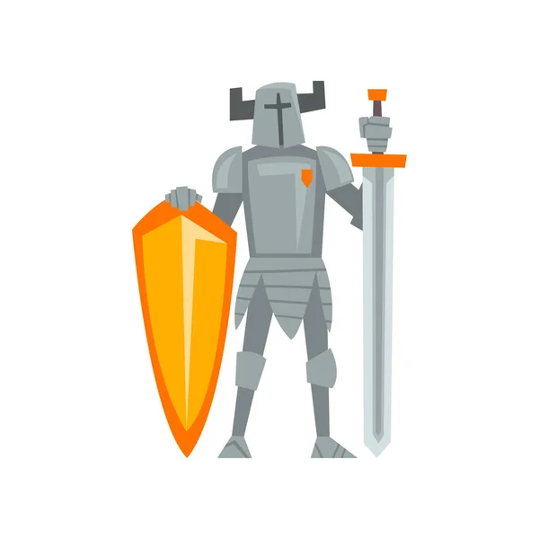 Carácter guerrero caballero armado medieval con espada y escudo Vector Ilustración — Vector de stock