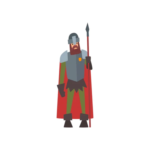 Medieval Armored Knight Warrior Character in Red Cape with Spear Vector Illustration — Stock Vector