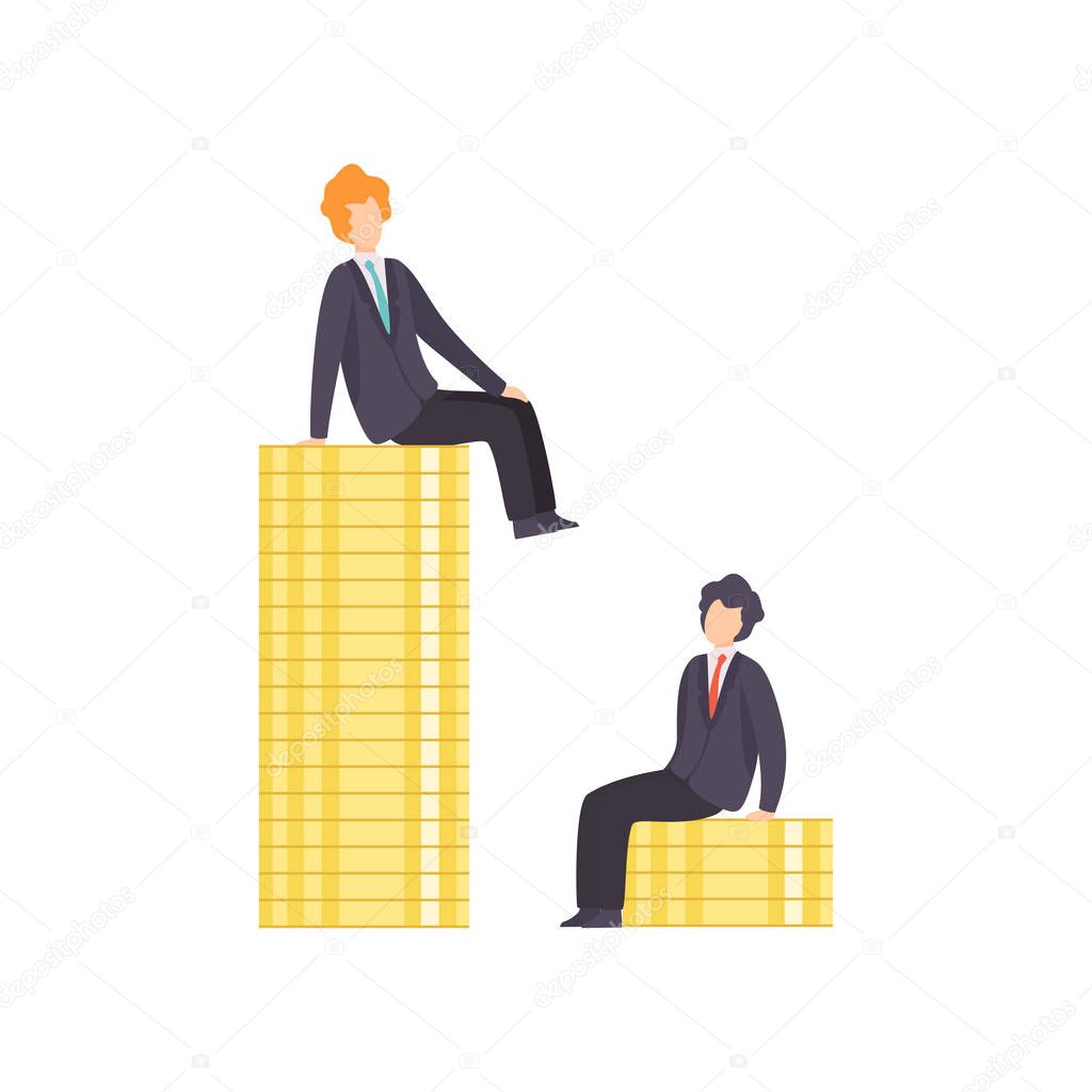Businessmen Standing on Stacks of Coins Representing Wages Level, Business Competition, Rivalry Between Colleagues, Office Workers Challenging Vector Illustration