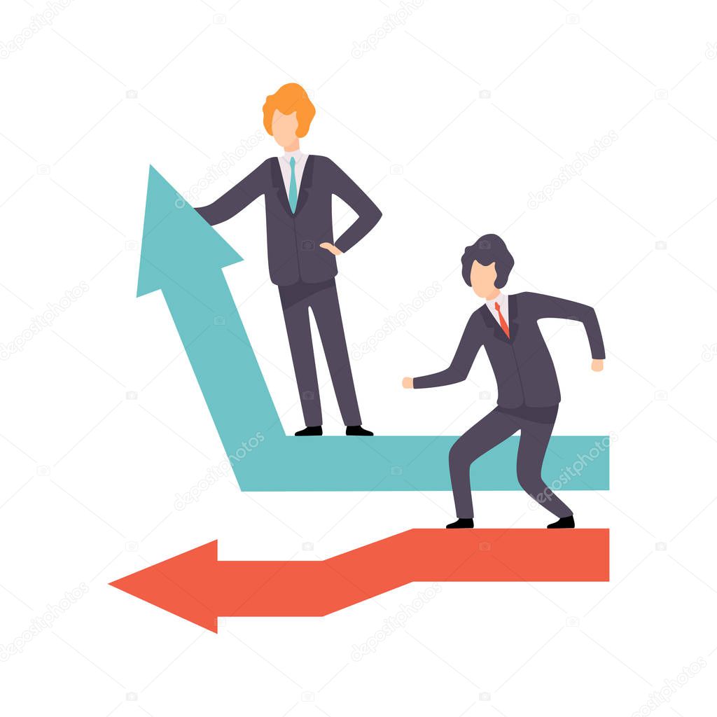 Businessmen Standing on Moving Down and Growing Up Arrows, Business Competition, Rivalry Between Colleagues, Office Workers Challenging Vector Illustration