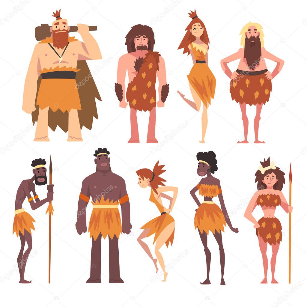 Prehistoric People Set, Primitive Stone Age Men and Women in Animal Pelts Cartoon Character Vector Illustration