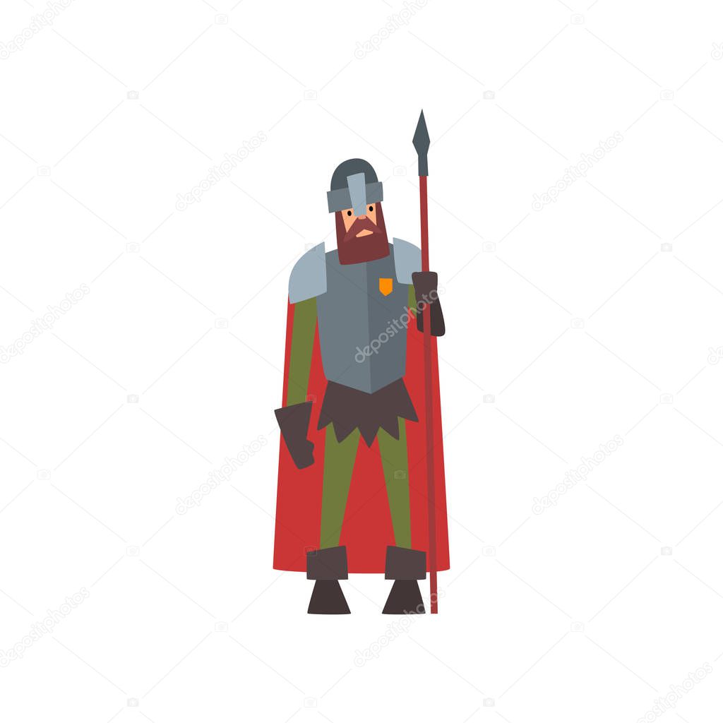 Medieval Armored Knight Warrior Character in Red Cape with Spear Vector Illustration