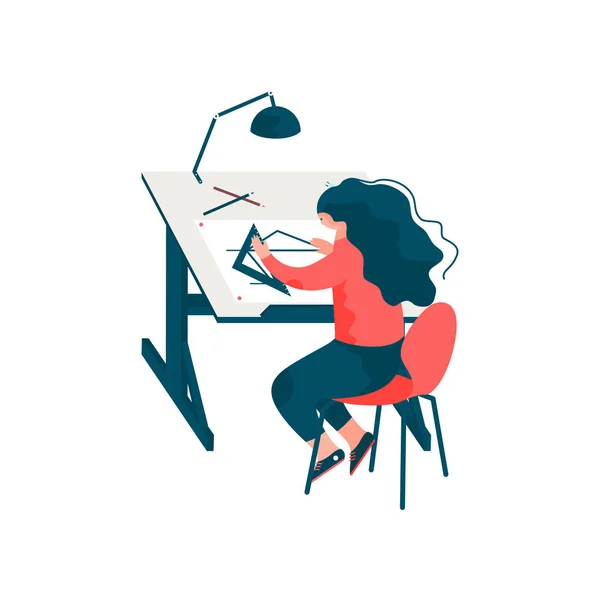 Arquitecta sentada en el escritorio trabajando en un plan de construcción de planos, ilustración de vectores de caracteres de ingeniera profesional femenina — Archivo Imágenes Vectoriales