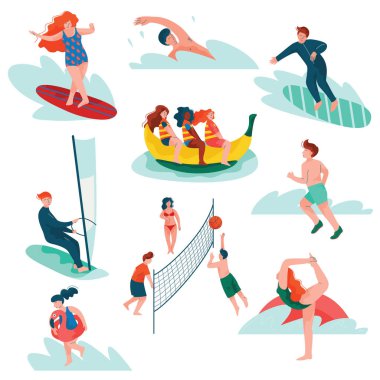 Yaz Tatil Setinde Dinlenen Ler, Genç Adam ve Kadın Sörfü, Yüzme, Yelken, Spor Yapma, Yaz Açık Hava Etkinlikleri Vektör İllüstrasyon