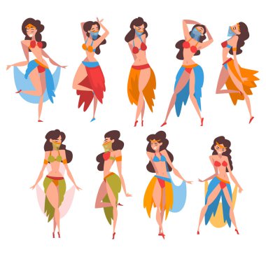 Güzel Doğu Kızlar Dans Belly Dance Set, Geleneksel Kostüm ve Peçe Vektör İllüstrasyon Oryantal Hint veya Arap Dansçılar Karakterler