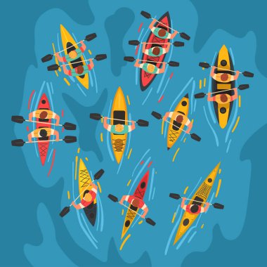 Kayak seti kürek çeken atletler, Kayaksu Suyu Sporları, Yaz Aylarında Açık Hava Etkinlikleri, Top View Vektör İllüstrasyon