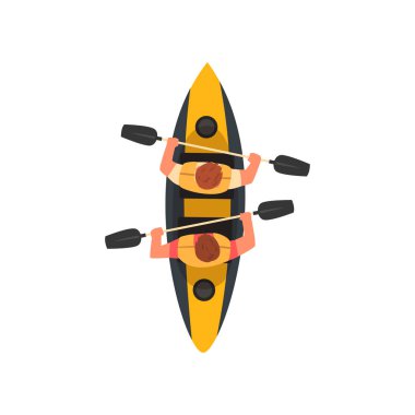 İki Erkek Kürek Çift Kayak, Kayaking Su Sporları, Yaz Aylarında Açık Hava Etkinlikleri, Top View Vektör İllüstrasyon