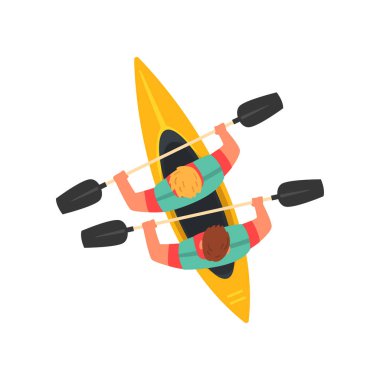 Erkekler Kürek Çift Kayak, Kayaksu Spor, Yaz Aylarında Açık Hava Etkinlikleri, Top View Vektör İllüstrasyon