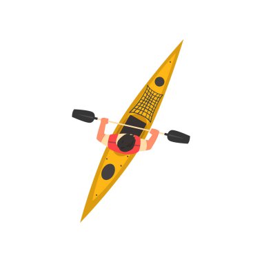 Kayak Man Rafting, KayakSu Sporları, Yaz Aylarında Açık Hava Etkinlikleri, Top View Vektör İllüstrasyon