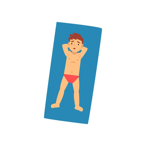 Niño tomando el sol en la toalla de playa, vista superior de mentir niño Vector Ilustración — Archivo Imágenes Vectoriales
