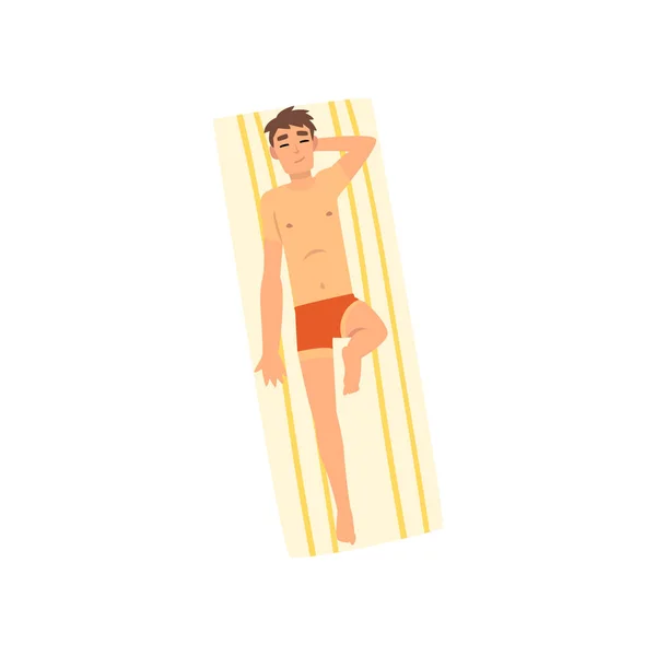 Man Sunbathing on Beach Towel, Top View of Lying Guy in Swimwear Vector Illustration — Stock Vector