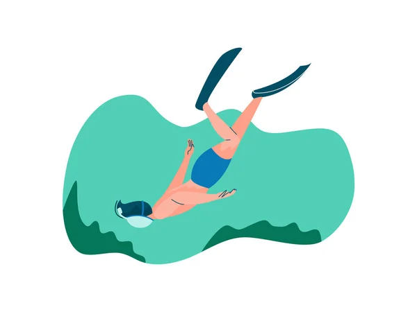 Buceador masculino con buceo y aletas Buceo en el mar, Hombre haciendo deportes y relajarse en la playa, Verano Actividades al aire libre Vector Ilustración — Vector de stock