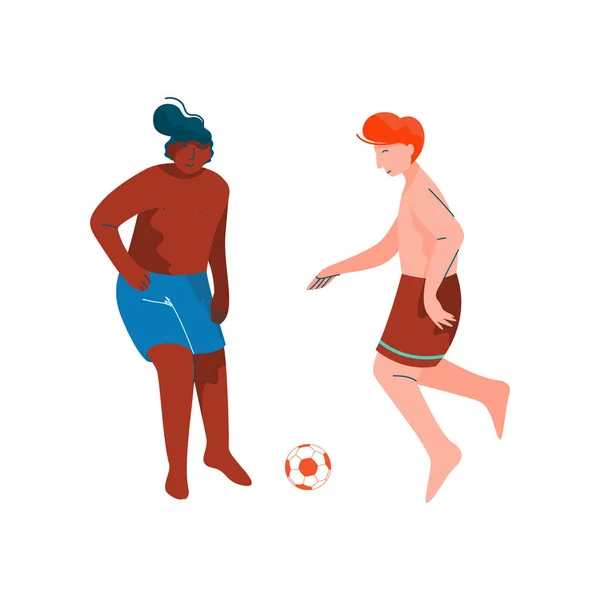 Hombres jugando al fútbol, haciendo deportes y relajándose en la playa, actividades al aire libre de verano Vector Ilustración — Archivo Imágenes Vectoriales