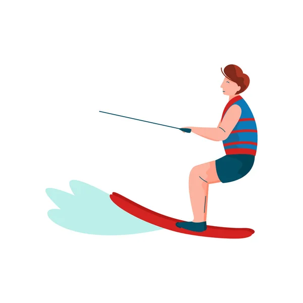 Man Riding Wakeboard, Water Skiing, Guy Relaxing at Summer Vacation, Summer Outdoors Activities Vector Illustration — Stock Vector