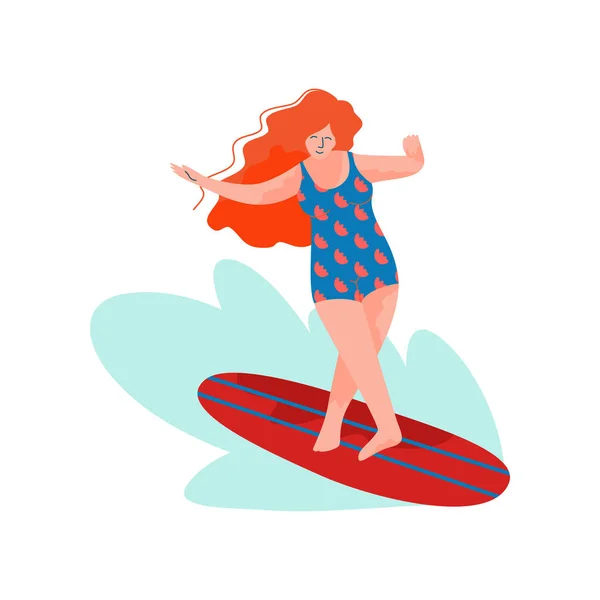 Beautiful Woman Riding Surfboard, Girl Doing Sports and Relaxing on Beach, Summer Outdoors Activities Vector Illustration — ストックベクタ