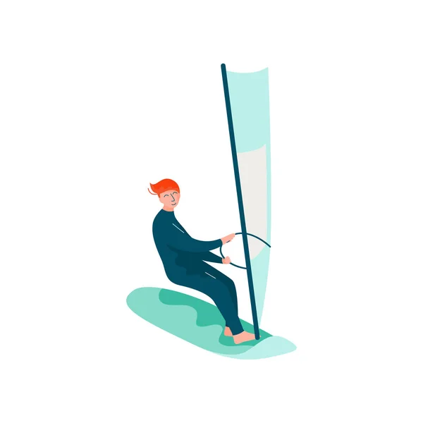 Człowiek windsurfing w morzu, facet uprawianie sportu i relaksu, lato na zewnątrz działalność wektor ilustracja — Wektor stockowy