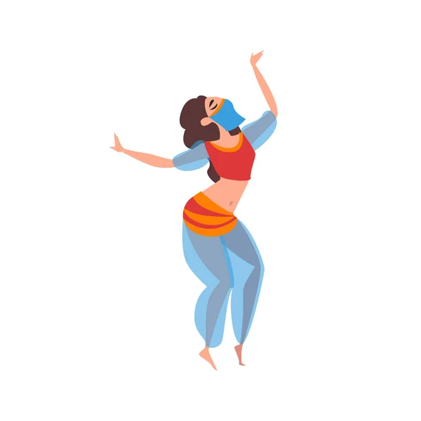 Linda menina oriental dança da barriga, indiano oriental ou personagem dançarino árabe em traje tradicional e véu Vector Ilustração — Vetor de Stock