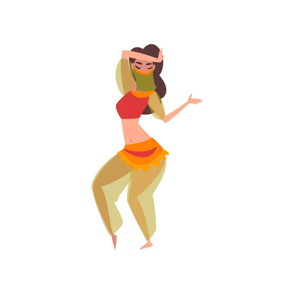 Linda menina graciosa dança do ventre dança, indiano oriental ou árabe personagem dançarino em traje tradicional e véu Vector Ilustração — Vetor de Stock