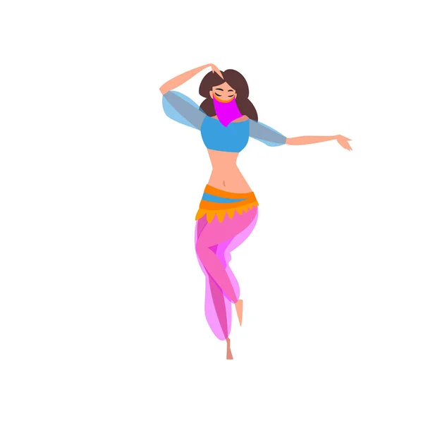 Gracioso Oriental menina dança dança do ventre, indiano oriental ou árabe personagem dançarino em traje tradicional e Véu Vector Ilustração — Vetor de Stock