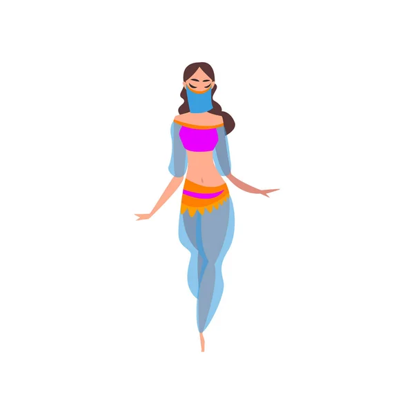 Fille gracieuse dansant la danse du ventre, personnage indien ou arabe danseur dans le costume traditionnel et le voile Illustration vectorielle — Image vectorielle
