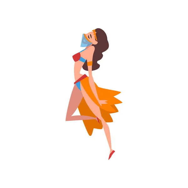 Hermosa danza oriental del vientre de la muchacha, carácter oriental de la bailarina india o árabe en traje y velo tradicionales, ilustración del vector de la vista lateral — Vector de stock