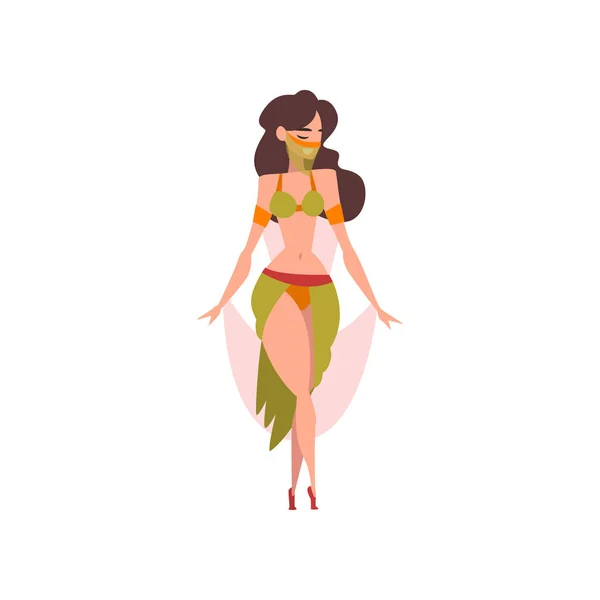 Hermosa chica oriental bailando danza del vientre, oriental india o árabe personaje bailarina en traje verde Vector Ilustración — Vector de stock