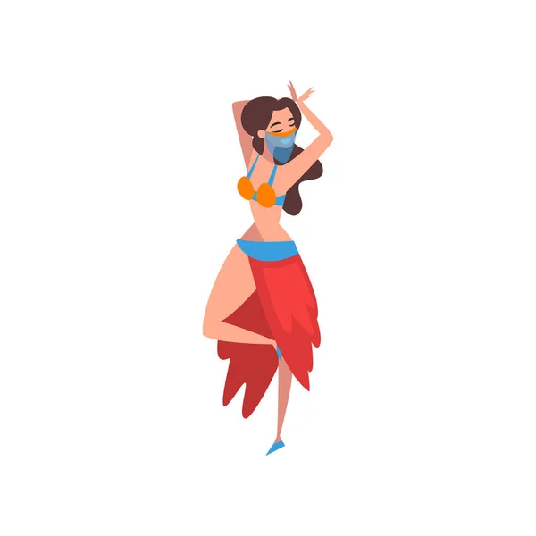 Linda menina graciosa dança do ventre dança, indiano oriental ou árabe personagem dançarino em traje tradicional e véu Vector Ilustração — Vetor de Stock