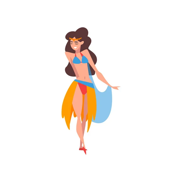 Hermosa chica morena bailando danza del vientre, sonriendo oriental india o árabe personaje bailarina en traje tradicional Vector Ilustración — Vector de stock