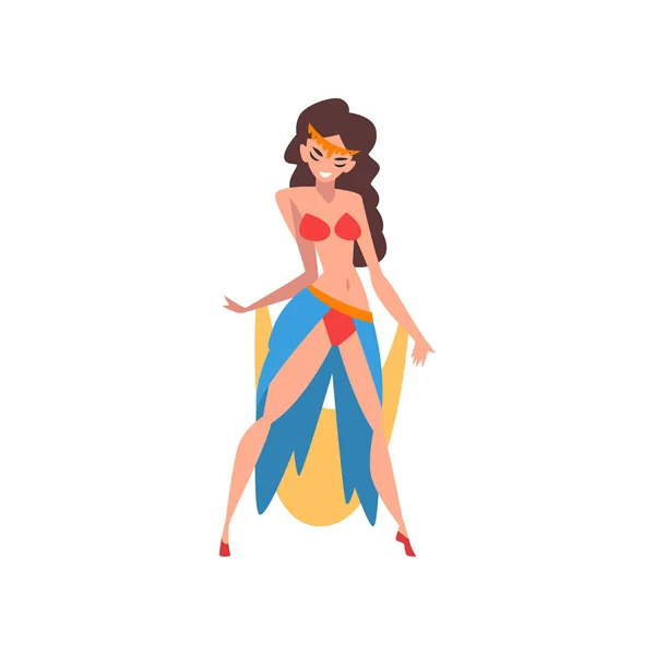 Chica morena bailando danza del vientre, hermoso personaje de bailarina india o árabe en traje tradicional Vector Ilustración — Vector de stock