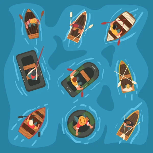 Colección de hombres remando barcos inflables de madera y caucho en el mar, ilustración de vectores de vista superior — Vector de stock