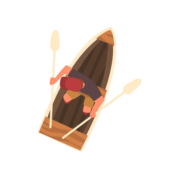 Man in Cap Rowing Wooden Boat, Top View Vector Illustration — Stock Vector