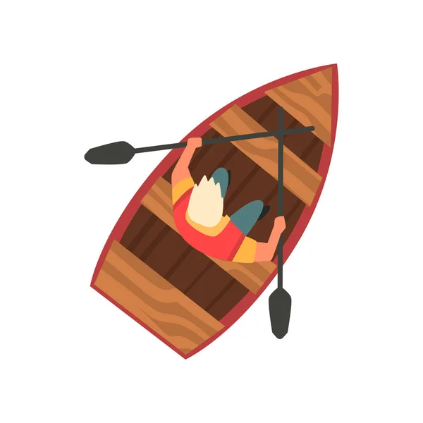 木製のボートに浮かぶ男、白い背景にトップビューベクトルイラスト. — ストックベクタ