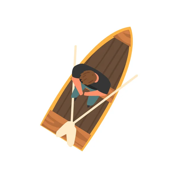 Homme assis dans un bateau en bois, Illustration vectorielle vue du dessus — Image vectorielle