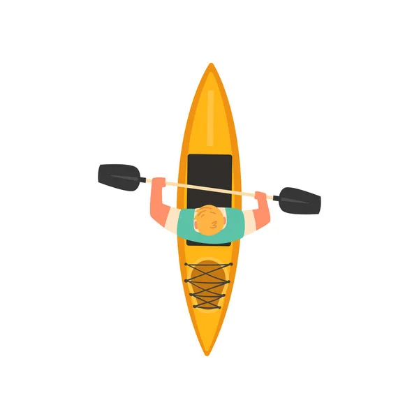 Man Rafting in Kayak in Sea or River, Kayaking Water Sport, Outdoor Activities in Summertime, Top View Vector Illustration — Stock Vector