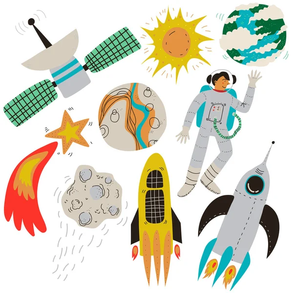 Space Set, Full Moon, Flaming Meteorite, Earth Satellite, Astronaut, Rocket, Earth Planet, Sun, Cosmos Theme Design Elements Cartoon Vector Illustration — Stock Vector
