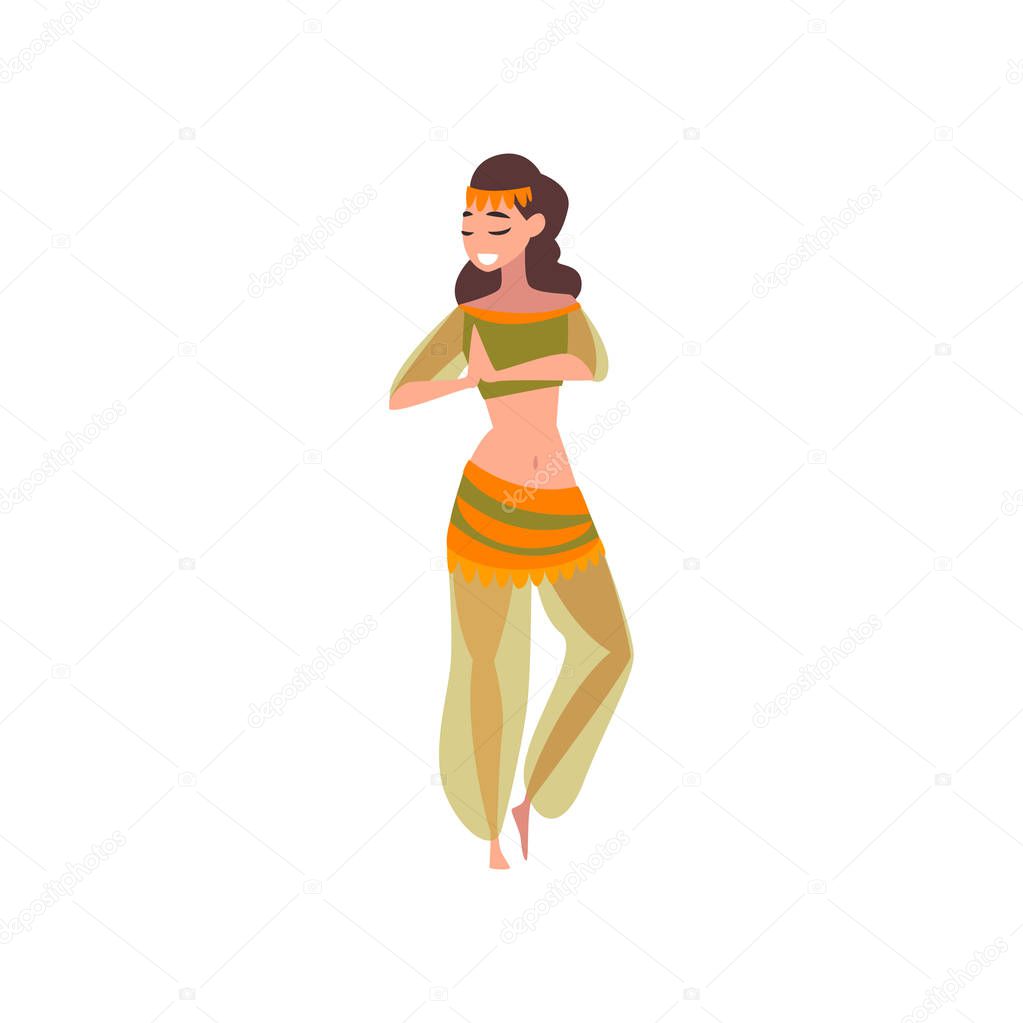 Graceful Smiling Eastern Girl Dancing Belly Dance, Oriental Indian or Arabic Dancer Character in Costume Vector Illustration