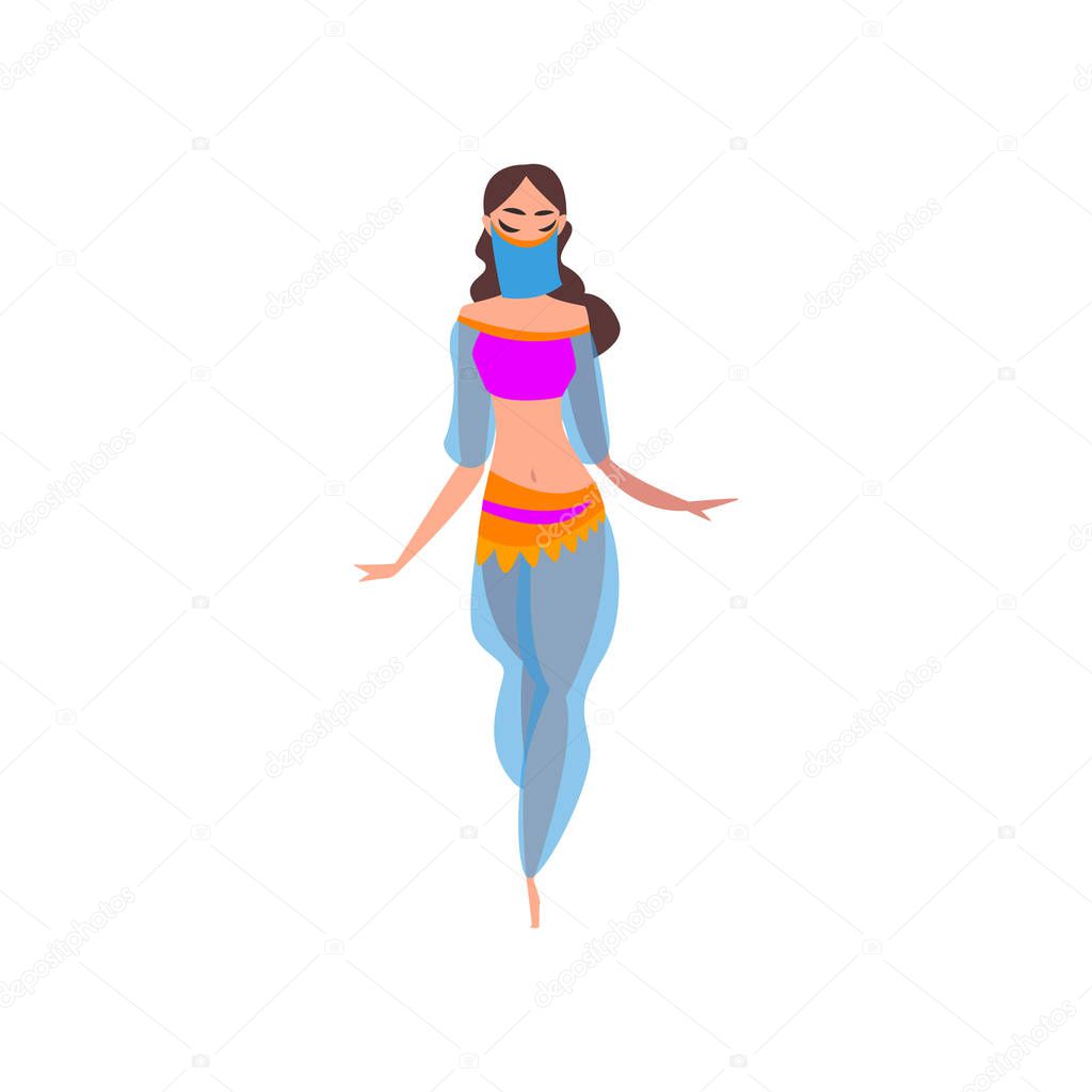 Graceful Girl Dancing Belly Dance, Oriental Indian or Arabic Dancer Character in Traditional Costume and Veil Vector Illustration