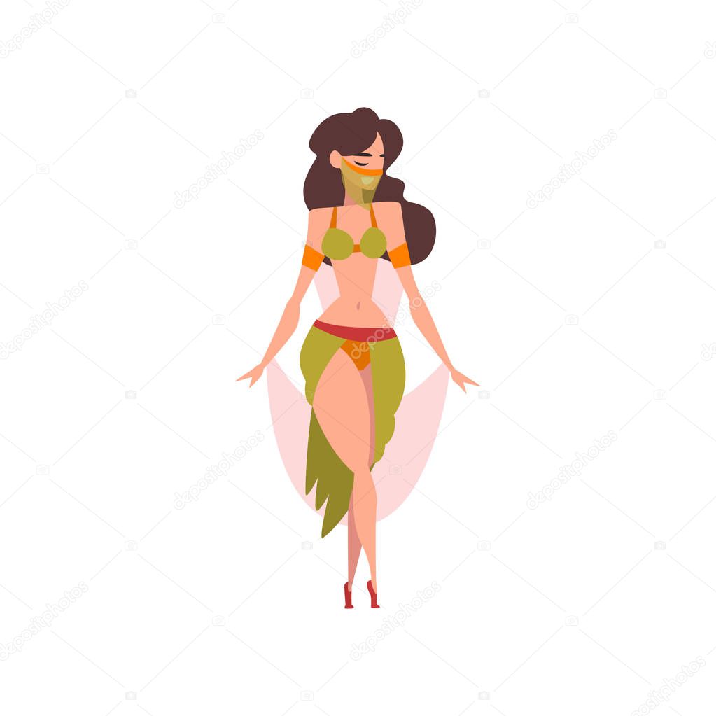 Beautiful Eastern Girl Dancing Belly Dance, Oriental Indian or Arabic Dancer Character in Green Costume Vector Illustration