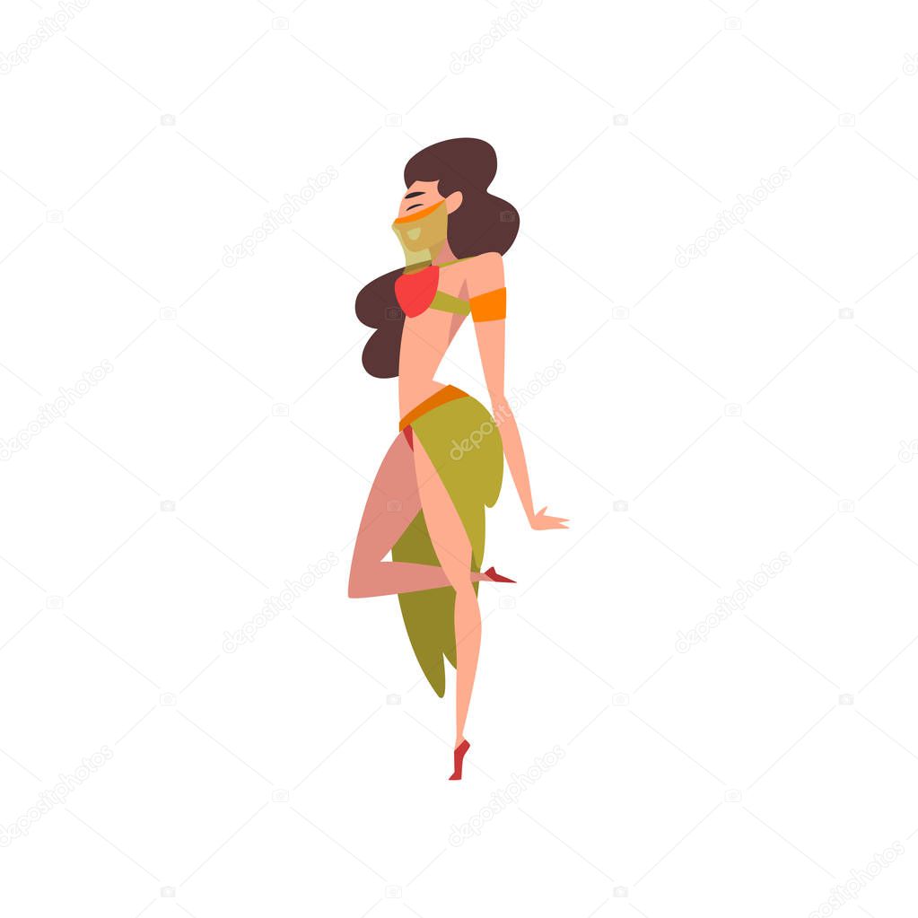 Beautiful Brunette Girl Dancing Belly Dance, Indian or Arabic Dancer Character in Traditional Costume and Veil Vector Illustration