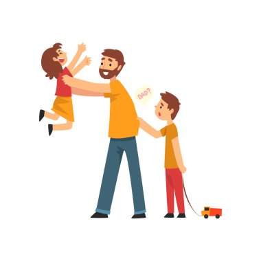 Baba, Oğul ve Kızı Birlikte Eğleniyor, Çocuklarıyla Oynayan Baba, En İyi Baba, Mutlu Aile Karikatür vektör çizimi