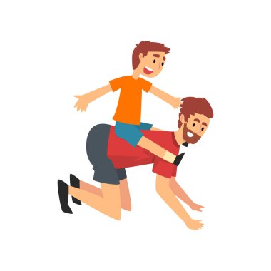 Babaların Sırtına Binen Çocuk, Baba ve Oğlu Birlikte İyi Vakit Geçiriyor, Mutlu Aile Karikatür Vektör İllüstrasyon
