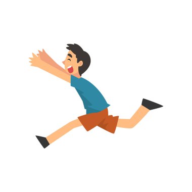 Sevimli Gülümseyen Mutlu Çocuk Koşu Karikatür Vektör İllüstrasyon