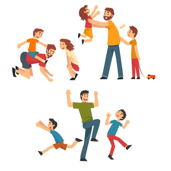 Papà che gioca con i bambini insieme, Padri, Figli e Figlie divertirsi insieme, Miglior papà, Happy Family Concept Cartoon Vector Illustration — Vettoriale Stock