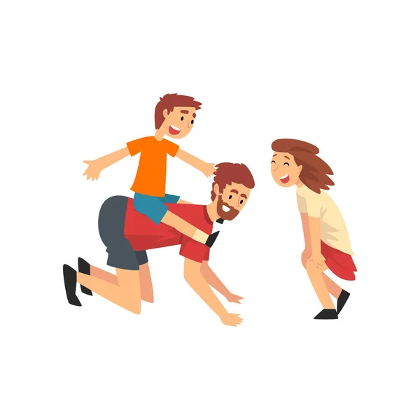 Boy Riding on Fathers Back, Father, Son and Daughter Having Good Time Together, Happy Family Cartoon Vector Illustration