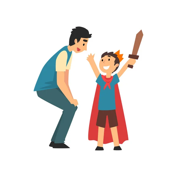 Papa spelen met zoon in ridders, vader en zijn kind hebben goede tijd samen, beste papa cartoon vector illustratie — Stockvector